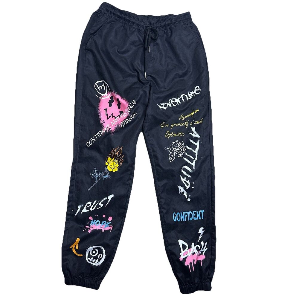 SHEIN Womens Small Graffiti Joggers Black Streetwear Pants 100%‎ Polyester